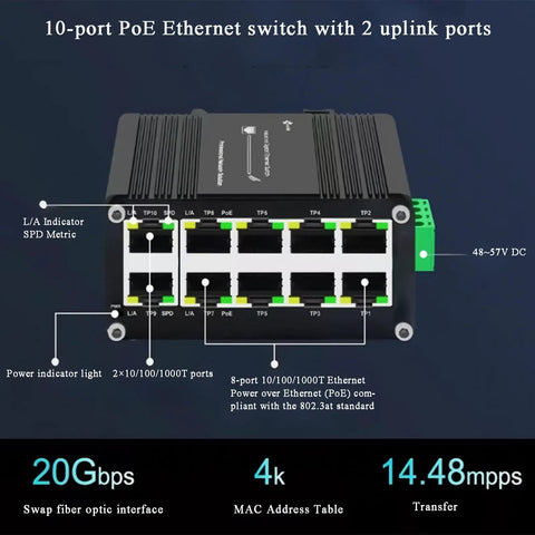 Rugged 10 Port PoE Plus Gigabit Switch with Eight PoE Ports and Two Uplink Ports, Din Rail Mount, front view