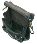 Open Ziptop Utility Pouch Small with Double Pull Zipper Cover and Snap-Back Lid, showcasing interior pockets for tools.