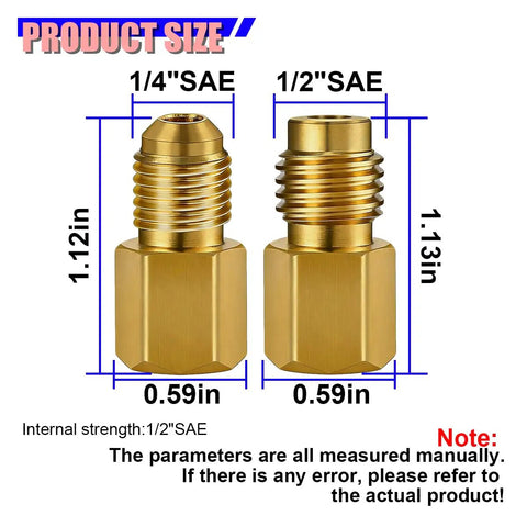 Built Tough 8Pcs R134a Solid Brass Refrigerant Tank Adapter For HVAC Ac Air Conditioning Systems Heavy Duty Copper Fitting Kit dimensions shown.