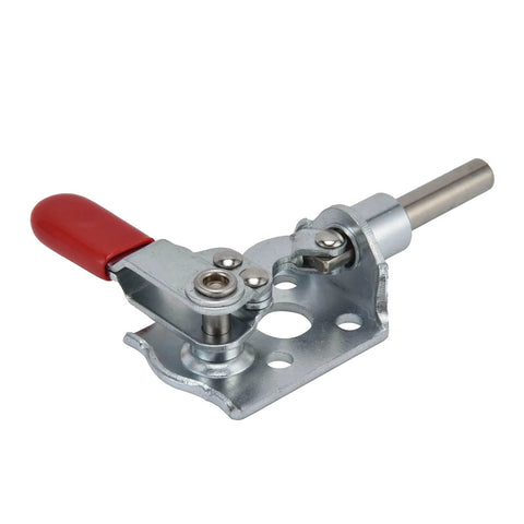 Galvanized push pull action toggle clamp with quick release, ideal for woodworking jigs and fixtures, shown from side view.