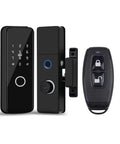 Top Shelf Smart Deadbolt Lock With Fingerprint And Phone App Control IC Card Keyless Entry featuring digital keypad and remote.
