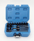 Badass 37 Piece 1/4 Inch Drive Metric Pass Through Ratchet Socket Set With Extension Bar And Screwdriver Bits Solid Tool Kit For Mechanics And Home Projects in blue case.
