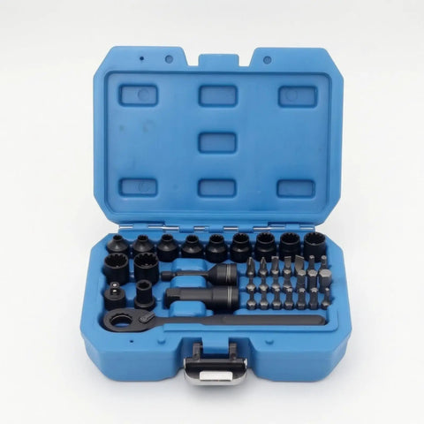 Top Shelf 37 Piece 1/4 Inch Drive Pass Through Ratchet Socket Set Featuring Metric Sockets in blue carry case viewed from above.
