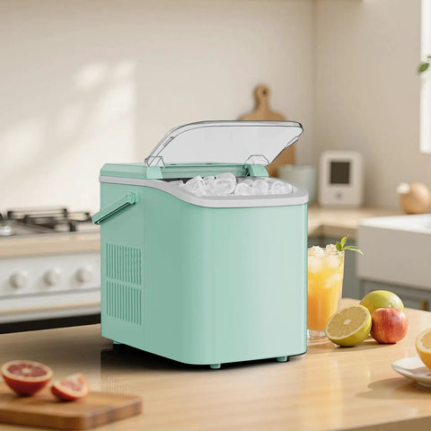 Countertop Ice Maker With Scoop, Basket And Handle, Portable Ice Machine on kitchen counter with fruit nearby, green
