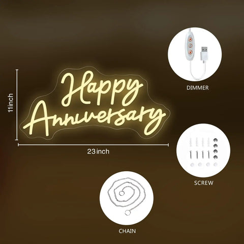 Dimly lit Happy Anniversary neon sign with dimmer, screws, and chain components, 23x11 inches glowing on a dark background.
