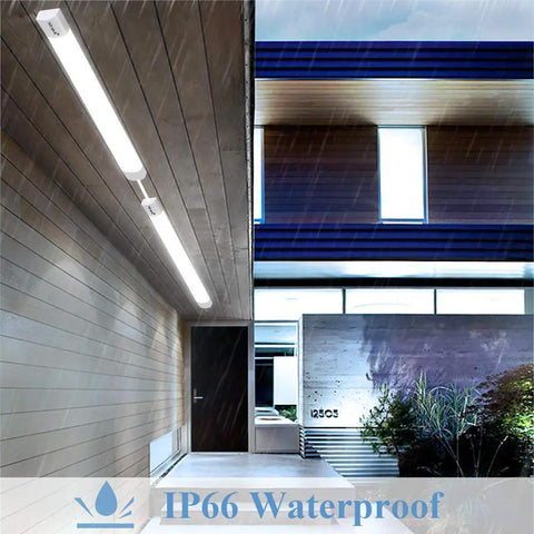 Two Pack Linkable LED Shop Lights 2ft And 4ft Waterproof Tubes 5000K Under Cabinet Lighting installed outdoors under rain.