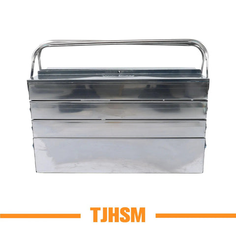 Premium 18 Inch Stainless Steel Folding Tool Box With Cantilever Multi Tray Organization and Comfortable Carry Handles, front view.