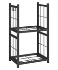 Two Tier Indoor And Outdoor Firewood Rack Portable Heavy Duty Easy To Assemble With Four Hooks In Sleek Black Finish