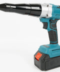 Professional Heavy Duty Cordless Rivet Gun With Ergonomic Handle For Hassle Free Rivnut Setup And Blind Fastening No Sweat Job Site Companion Rock Solid Shop Must Have, side view, black and teal design.