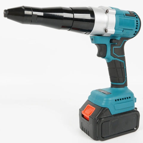 Professional Heavy Duty Cordless Rivet Gun With Ergonomic Handle For Hassle Free Rivnut Setup And Blind Fastening No Sweat Job Site Companion Rock Solid Shop Must Have, side view, black and teal design.