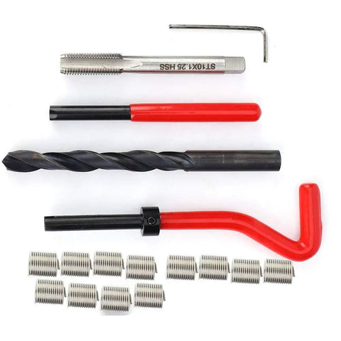 M10x1.25 Stainless Steel Rethreading Tap Set All-In-One 17-Piece Thread Repair Kit with tools and 12 thread inserts shown