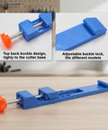 Beast Mode Adjustable Base Guide For Electric Circular Saws And Track Rail Saws, blue clamp with orange knob, on a wooden table.