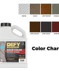 Color chart with a container of Solid Color Wood Stain For Decks And Fences UV Resistant Opaque Finish That Hides Imperfections Long Lasting Exterior Paint With Zinc Nano UV Protection 1 Gallon.