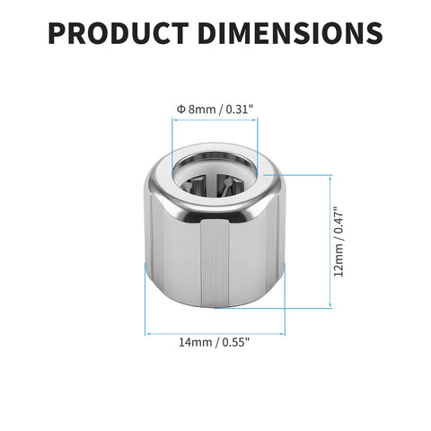 Pair Of HF081412 One Way Needle Roller Bearings 8X14X12 MM with dimensions, designed for high RPM applications.