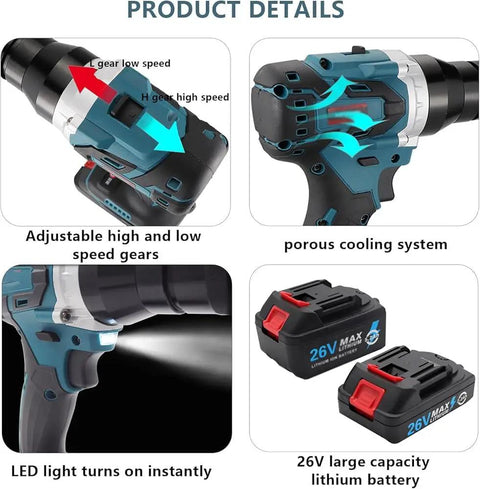 Heavy Duty Cordless Rivet And Nut Installer Kit Featuring 5200 Mah Battery Module Automatic Handheld Fastener Tool showing adjustable gears and battery.