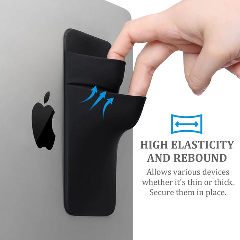 Hand using Two Pocket Portable SSD Sleeve For Laptops With Reusable Adhesive, black pouch attached to a laptop, inserting device