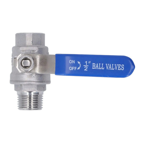 Rock Solid Heavy Duty 1/2 Inch NPT Ball Valve Made From Top Tier 304 Stainless Steel with blue quarter turn handle.