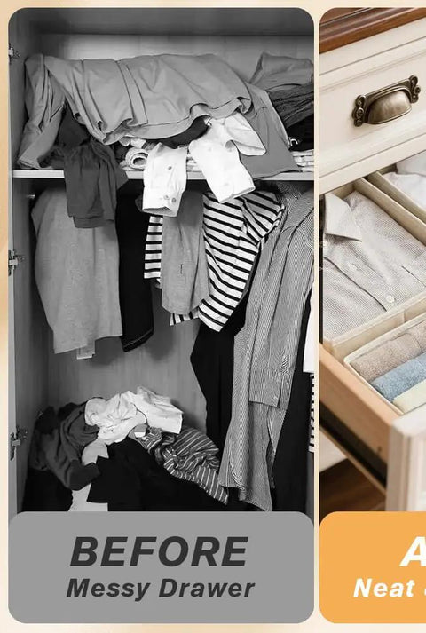 Kick Clutter To The Curb With This Slick Foldable Drawer Organizer Set Of Six Beige Fabric Compartments Keep Your Clothes And Underwear Tight And Tidy For Smooth Daily Access In Any Closet Or Dresser - before and after comparison of messy and organized drawer.
