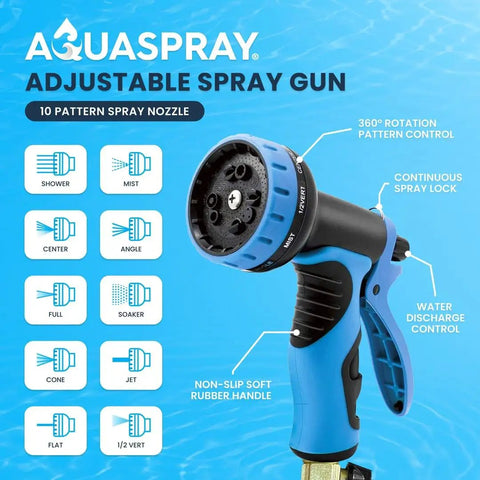 AQUASPRAY Adjustable Spray Gun with 10 pattern nozzle for garden use, featuring a non-slip soft rubber handle and water control.