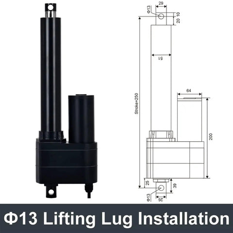 Electric Linear Actuator DC 12V 3000N 1500mm Stroke 22mm Diameter heavy duty push rod with lifting lug installation diagram.