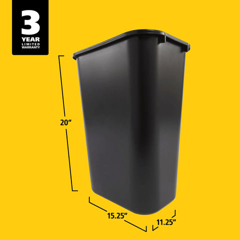 Durable 41 Quart Stackable Wastebasket Trash Can In Black, Heavy Duty Plastic With Rolled Rim, shown with dimensions and 3-year warranty badge