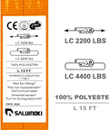 Label on heavy duty 2 inch by 15 ft ratchet straps 8 pack, showing 2200 lb working load, 10000 lb break strength, polyester material.