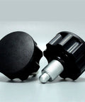 Heavy Duty M20 Indexing Plunger and Spring Loaded Locking Dowel Pin with Bulletproof Screw Grip for Zero Play Precision Alignment plus Rock Solid Industrial Positioning Includes One Full Sized Unit, showing two black knobs with threaded shafts.