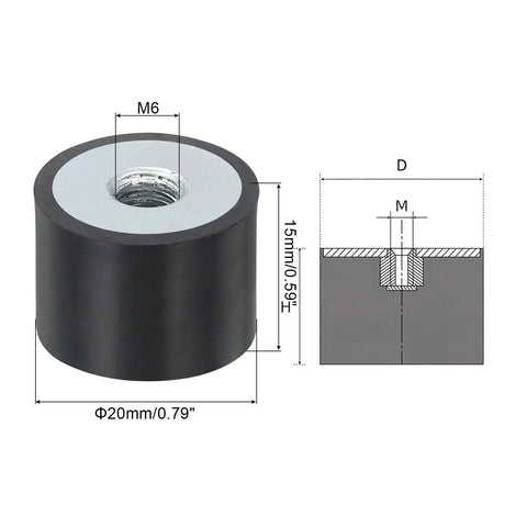 4 Piece Rubber Vibration Isolator Mounts with M6 Female Thread 20 by 15Mm Flat Silent Block Shock Absorber Pad dimensions and profile view.