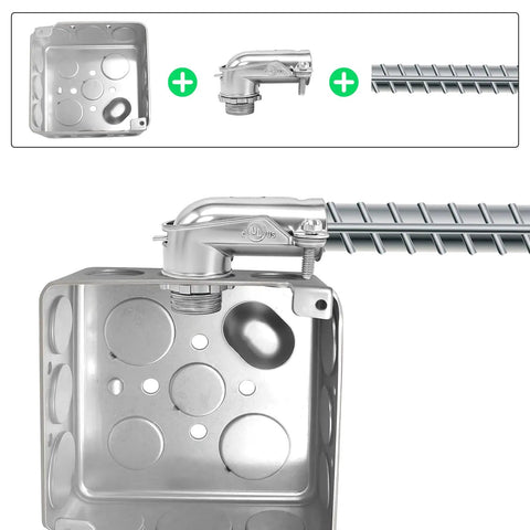Six Pack Ninety Degree Squeeze Connectors for Three Eighths Inch AC MC FMC Flex Flexible Metal Conduit Elbow Fittings connected to box