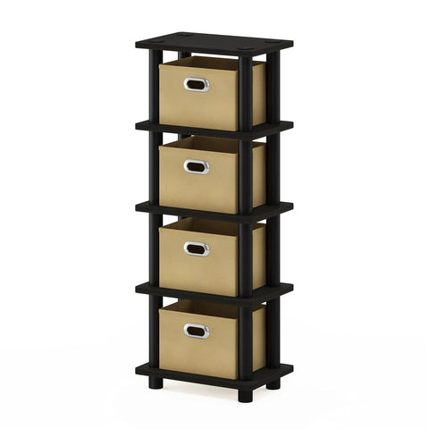 Four Tier Toolless Storage Shelves Espresso Finish With Four Fabric Bins No Sweat Setup Game Changer For Clutter Control Apartment Approved Hallway Bedroom Organizer, narrow vertical unit with tan bins.