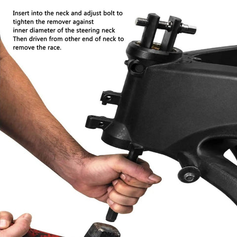 Using Heavy Duty Motorcycle Steering Stem Bearing Race Removal Tool for slick bike wrenching on motorcycle steering neck.
