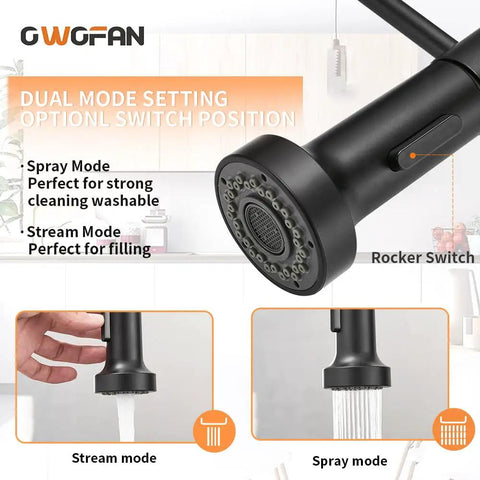 Pro Grade Pull Down Kitchen Faucet With Sprayer, dual mode settings detail, close-up of rocker switch and spray modes.