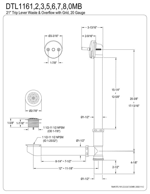 Technical diagram of Brushed Nickel Tub Drain And Overflow Kit with Heavy Duty Brass Construction, 21-inch dimensions shown.