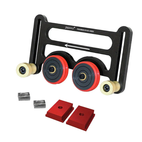 Tough As Nails Rust Proof Table Saw Roller Feeder Kit with red and black rollers, anodized aluminum frame, and adjustable components.