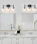 Three Light Black Vanity Light Fixture Over Mirror With Clear Glass Shades For Sleek Modern Bathroom E26 Bulb Compatible