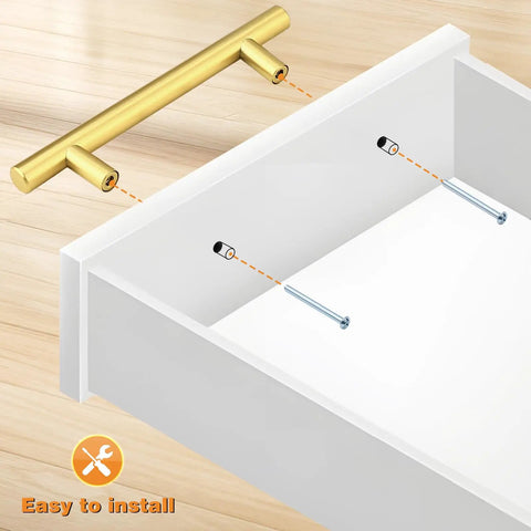 Top Tier Stainless Steel T Bar Cabinet Pulls In A Knockout Gold Finish, 3 3/4 Inch Center To Center Sizing For Kitchen Drawers, Heavy Duty Hardware That Slides Smooth As Butter Every Time, installation detail.