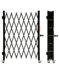 Tough As Nails Folding Security Gate With Lockable Scissor Design And 360 Swivel Casters, black steel, 65x50 inches, folds flat.