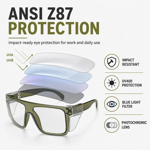 Solid Z87 Compliant Safety Glasses Featuring Kickass Photochromic Transition Lenses With Slick Removable Side Shields For Heavy Duty Impact Protection And Smooth UV400 Anti Blue Light Filters, showcasing multiple lens layers.