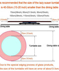 Illustration showing size recommendations for Heavy Hitter Black Glass Lazy Susan With Slick Swivel Action for dining tables.
