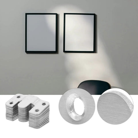 Six Pair Heavy Duty Picture Frame Hangers Stainless Steel Mirror Wall Mount Brackets with interlocking clips on wall.