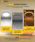 Ensenior Quick Switch Modes diagram showing activation of Sweet Setup 12 Pack 4 Inch LED Recessed Ceiling Lights With Built In Amber Glow.