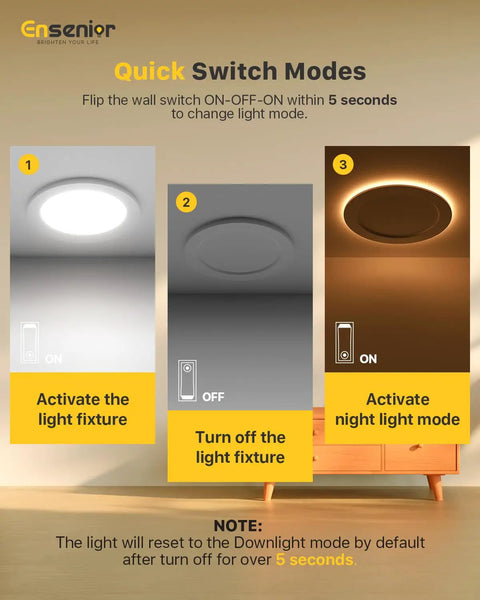 Ensenior Quick Switch Modes diagram showing activation of Sweet Setup 12 Pack 4 Inch LED Recessed Ceiling Lights With Built In Amber Glow.