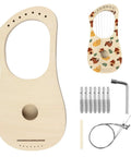 7 String Lyre Harp DIY Kit For Beginners with basswood body, tuning wrench, saddle and bridge pins, and handmade craft components.