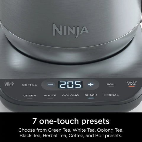 Close-up of control panel on Precision Temperature Electric Kettle With 1500W Fast Boil 7 Cup Capacity BPA Free Stainless Hold Temp Setting And 7 Presets For Green Tea White Tea Oolong Black Tea Herbal Tea And Coffee, showing temperature presets and display.