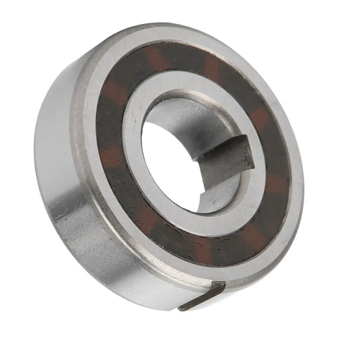 Workhorse One Way Sprag Clutch Bearing With Dual Keyway Freewheel Design And Rock Solid GCR15 Steel Build Made To Handle Textile Machines Automotive Shops And Printing Floors 20x47x14Mm side view of steel clutch bearing.