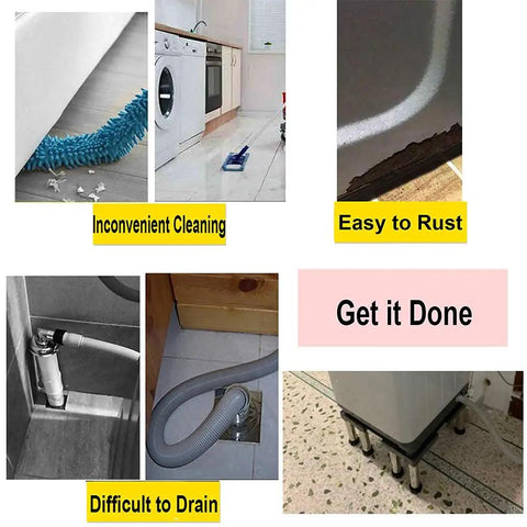 Rock Solid Stainless Steel Washer Stand With Beefed Up Height Adjustable Riser Tray lifting a unit, showing drainage and cleaning issues.