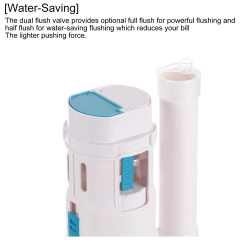 Premium Dual Flush Valve With Split Push Button For Toilet Bottom Fill Valve Water Saving Replacement Parts 2 Inch White detailing flush options.