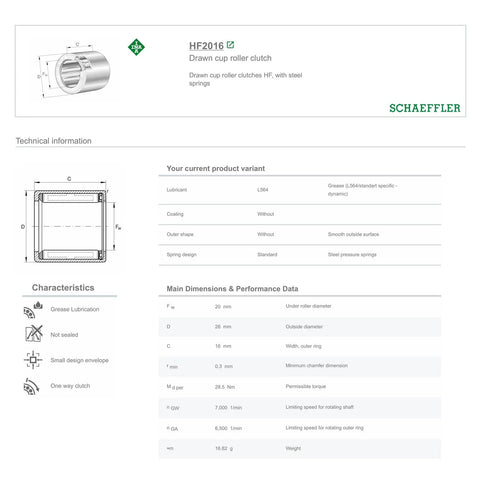 Heavy Duty One Way Needle Roller Clutch Bearing With Drawn Cup Design For Smooth Overrunning And Slick Engagement 20X26X16MM technical specifications.