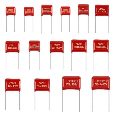 Top Notch Metallized Film Capacitor Assortment Kit 150 Pieces 400V 630V Polyester Polypropylene Capacitors Essential Hobbyist Bundle showing assorted red capacitors.