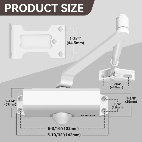 Built Tough Hydraulic Door Closer With Silent Action And Adjustable Speed For Residential Or Light Commercial Entry Doors Supporting 55 to 99 Pounds product size diagram
